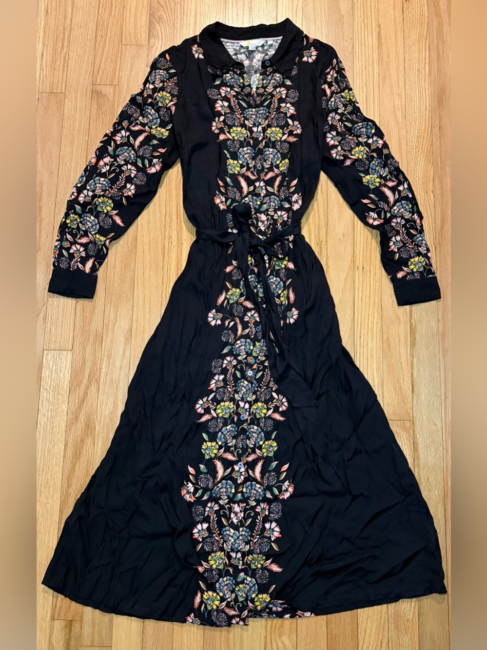 Boden Black Maxi Dress with Pink, Green and Blue Floral Print